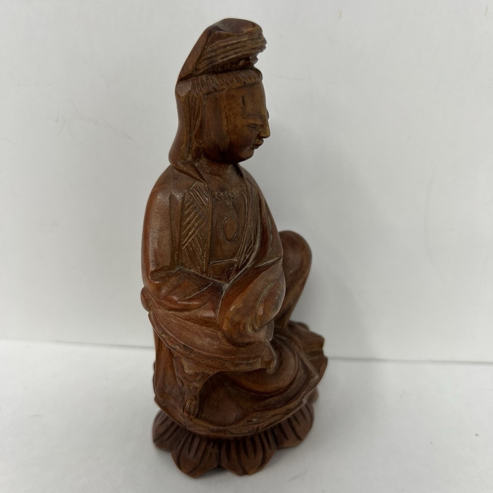 Hand Carved Wood Guanyin Bodhisattva Statuette Asian Royal Ease Pose Figure 4.8" - Picture 11 of 16